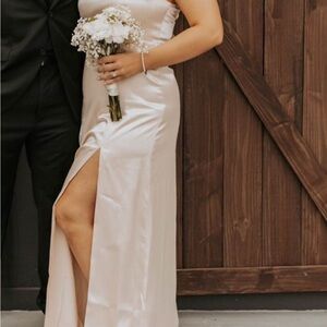 Elegant Cream Satin Gown with Slit